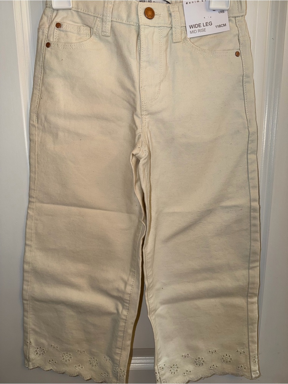 Denim&Co Cream Wide-Leg Kids Jeans with Eyelet Hem